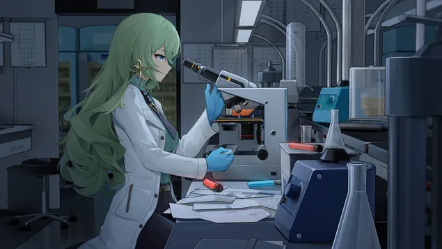 Chica anime de pelo largo verde trabajando en un laboratorio con lápices de colores