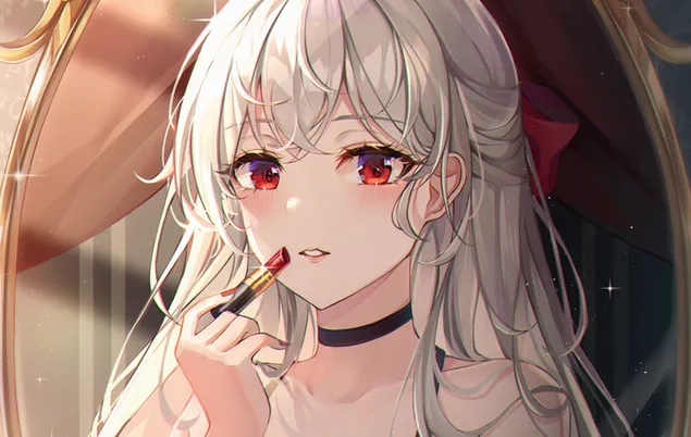 Chica anime en vestido blanco con cabello largo gris y ojos rojos montando lápiz labial rojo descargar