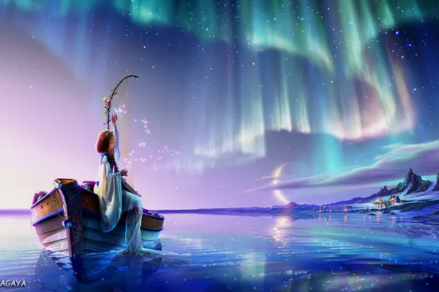 Chica anime kagaya con vestido blanco navegando en el mar junto a las rocas bajo la aurora boreal