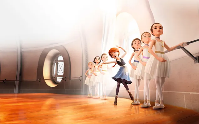 Chica de pelo naranja y bailarinas vestidas de blanco preparándose para una actuación de ballet en un estudio descargar