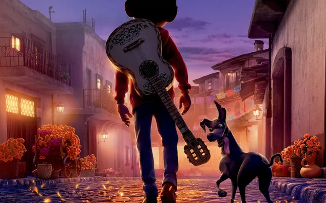Chico músico con guitarra y lindo perro caminando por la calle de la película animada Coco