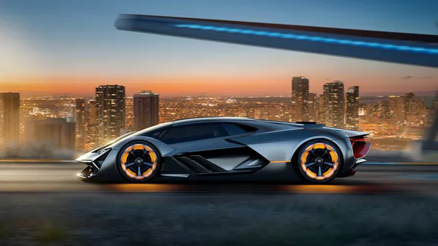Chiếc xe sang trọng màu đen Lamborghini Terzo Millennio với nền đèn thành phố tải xuống