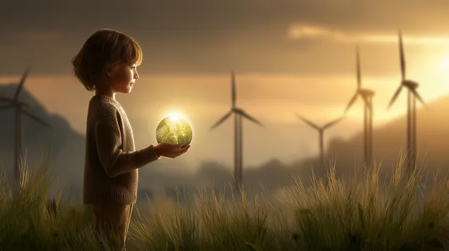 Fëmijë që mban një sferë ndriçuese në një fushë me bar me turbina me erë 2K sfond
