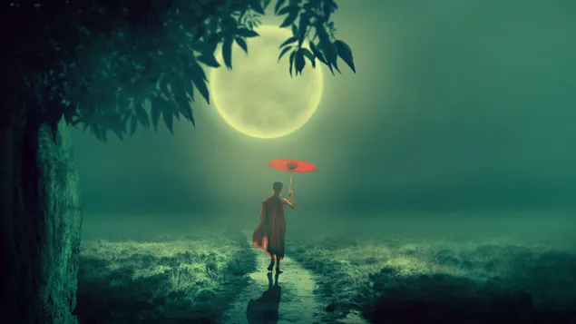 Child monk walking under the moonlight download