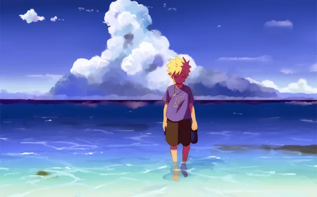 Nen Naruto sol a l'aigua del mar baixada