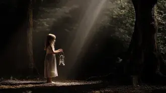 detska silueta s lucernou v paprscich lesniho svetla stahnout