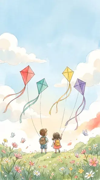 children flying colorful kites on a flower meadow in soft watercolor for children's day download