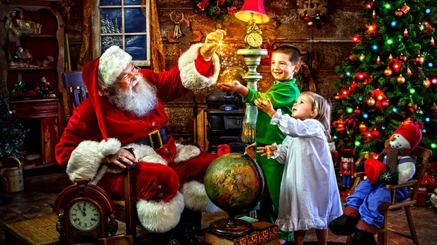 Kinder treffen den Weihnachtsmann an Heiligabend 4K Hintergrundbild