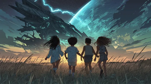 kinders hardloop na 'n reuse-uitheemse wrak onder 'n stormagtige lug aflaai