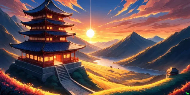 chinees huis bij zonsondergang download
