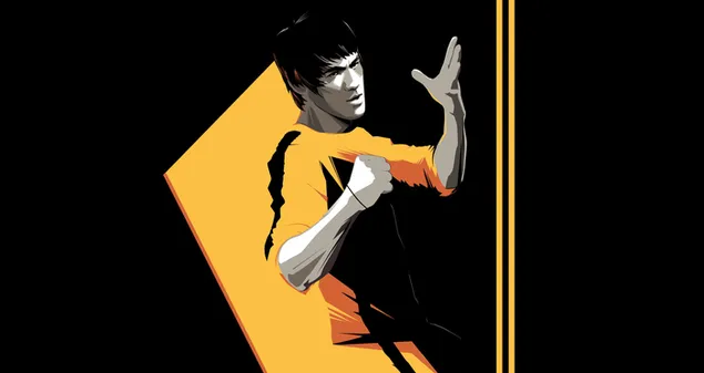 Bruce Lee kínai harcművész sárga-fekete öltönyben 4K háttérkép