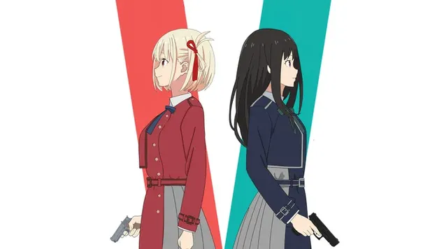 Chisato Nishikigi und Takina Inoue mit Waffen aus dem Anime Lycoris Recoil 4K Hintergrundbild