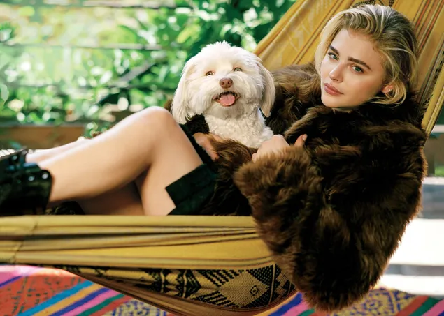 Chloe Grace Moretz in a hammock with a white dog
