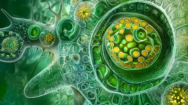 cel*lula vegetal plena de cloroplast: una perspectiva microscopica baixada