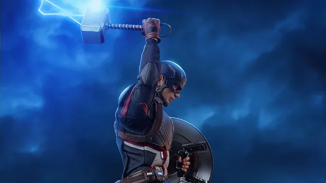 Chris Evans as handsome actor captain america collecting lightning bolts with thor's hammer in hand