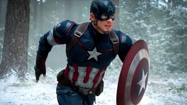 Chris Evans jako pohledný herec kapitán Amerika běží za zasněženého zimního dne stáhnout