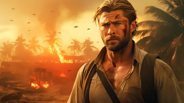 Chris Hemsworth di latar belakang Adegan Film Ekstraksi 2 2K wallpaper