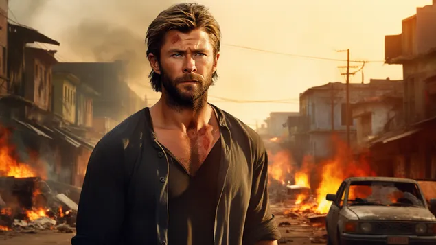 chris hemsworth di depan adegan film kota pembakaran ekstraksi 2 unduhan