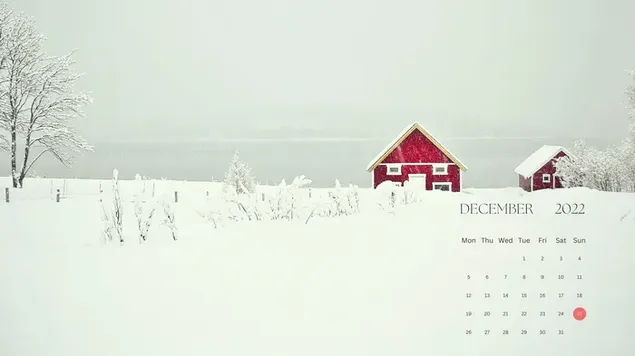 Hình nền Lịch Giáng Sinh 2022 - Cánh đồng tuyết phủ và Ngôi nhà màu đỏ 4K