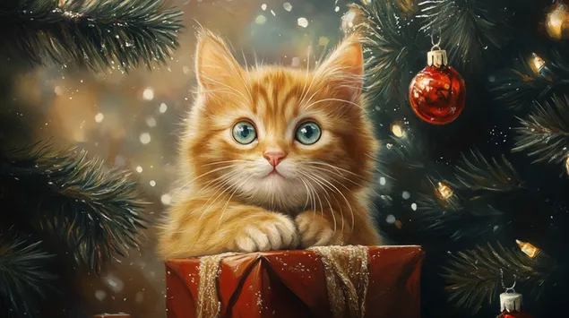 Božični maček z drevescem in darilnimi škatlami 4K ozadje