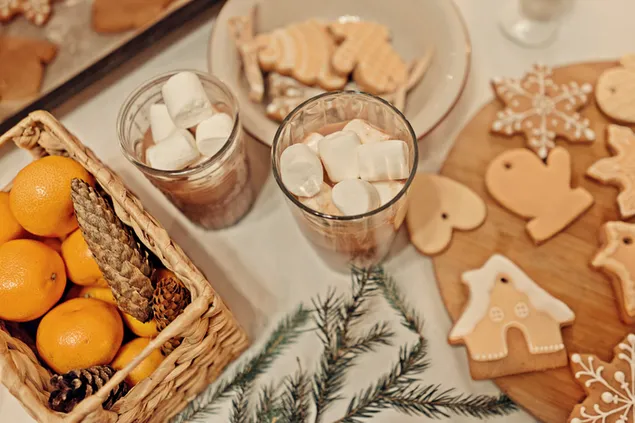 ジンジャーブレッド クッキー、ホット チョコ、フルーツのクリスマスのごちそう 4K 壁紙