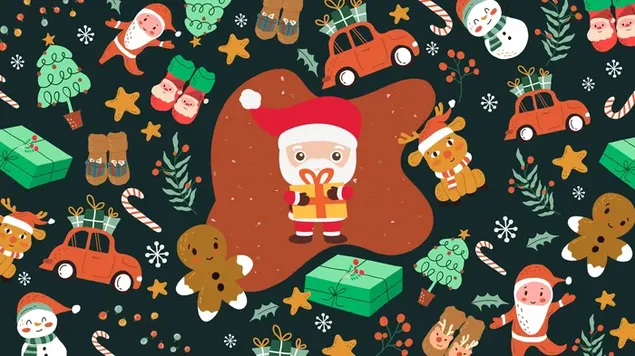 Ilustraciones navideñas: Papá Noel, muñeco de nieve, hombre de pan de jengibre, reno