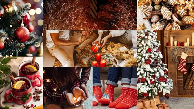 Medias de Navidad, galletas, árbol de Navidad, fuegos artificiales