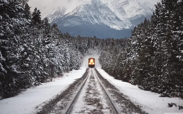 Tren navideño en bosque nevado