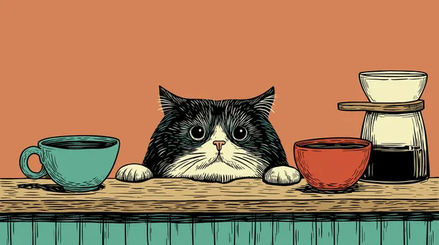 Lubben katt titter over bordet med kaffeartikler 2K bakgrunn