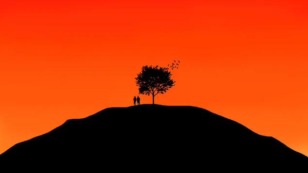 Cielo rojo y silueta de árboles y pájaros con gente parada en la colina