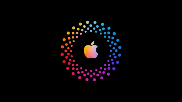 Logo Apple hình tròn, nhiều màu sắc trên nền đen