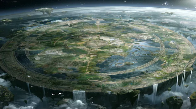 太空中拥有河流和瀑布的圆形扁平世界 2K 壁纸