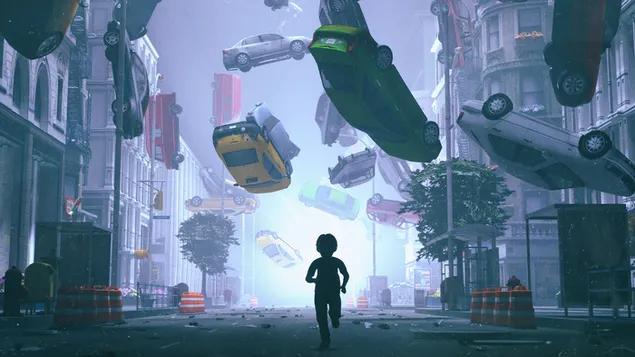 Tapeta Mestské autá letiace vo vzduchu pred chlapcom 4K