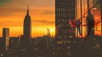 Uitzicht op de stad bij zonsondergang van Spider-man 4K achtergrond