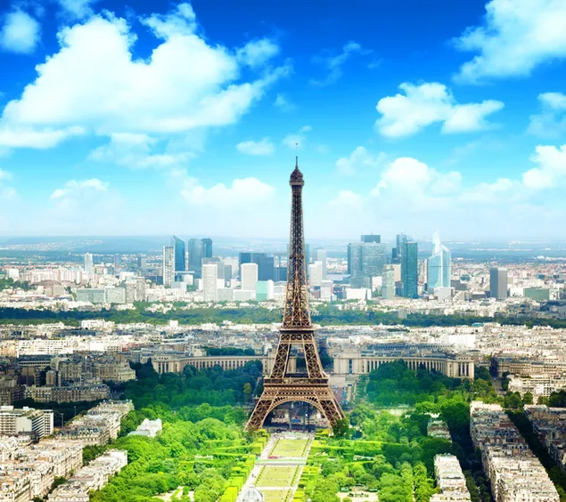 Vista de la ciutat de la torre Eiffel de París a França amb un cel blau ennuvolat 2K fons de pantalla