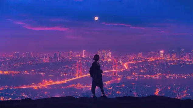 شهر با نمای طلوع ماه از بالا کاغذدیواری  4K