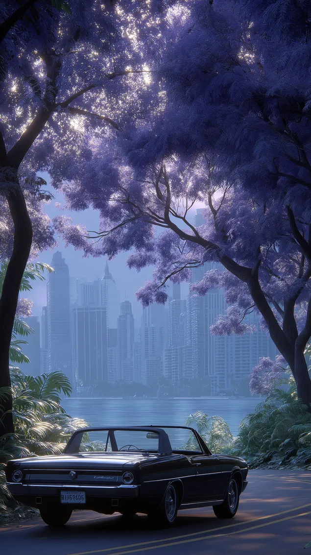 makine klasike e parkuar prane ujit me peme te lulezuara dhe qytet shkarkim