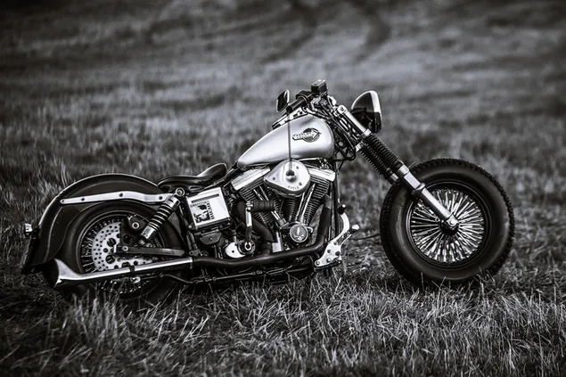 Sepeda motor harley davison klasik dengan tampilan vintage hitam dan putih unduhan