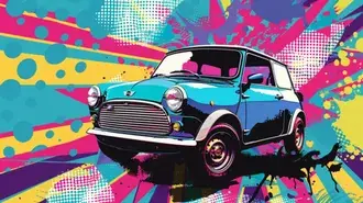 Tapeta Klasická Mini Cooper Vitrína s pozadím Pop Art 8K