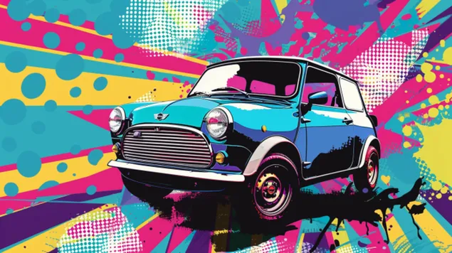 Klasična Mini Cooper vitrina s pop art pozadinom 8K pozadina
