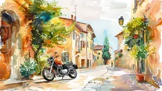 Tapeta Klasický motocykl v malebné akvarelové vesnici 8K