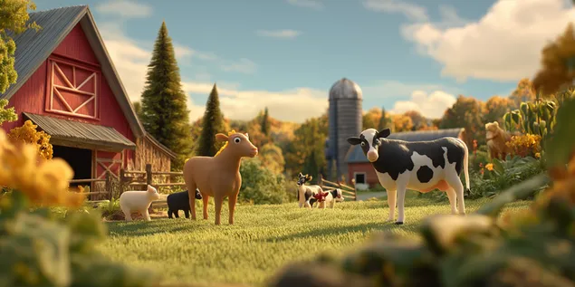 claymation farm with cows and barn on a sunny country morning download
