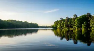a luz clara do nascer do sol brilha sobre as aguas calmas do lago, com arvores verdejantes refletindo-se lindamente na superficie em um cenario natural e tranquilo. download