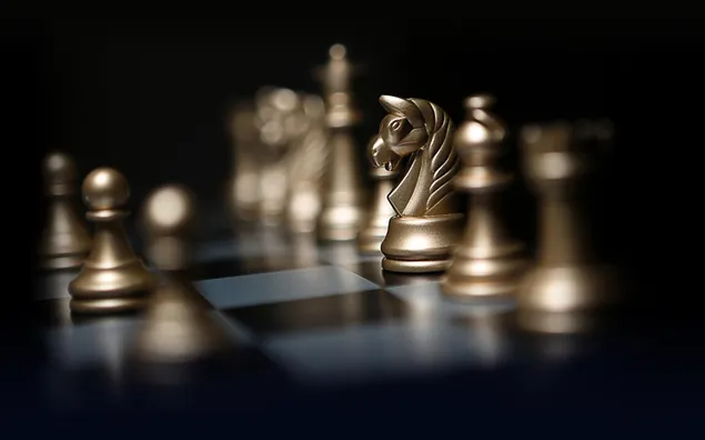 Clearly photographed horse among blurred chess pieces