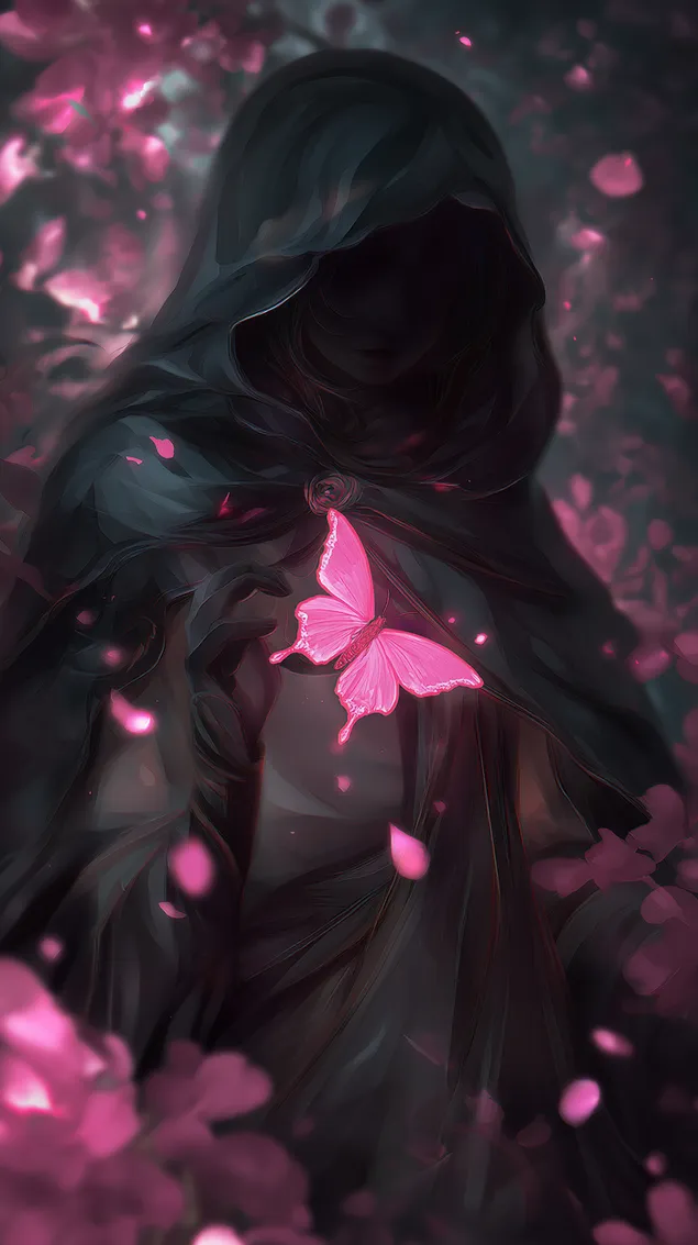 Tapeta Postava v plášti v tmavom lese drží na hrudi svietiace motýľa HD