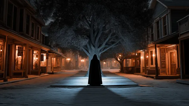 雪の降る通りの暗い木の下にいるマントをまとった人物 2K 壁紙