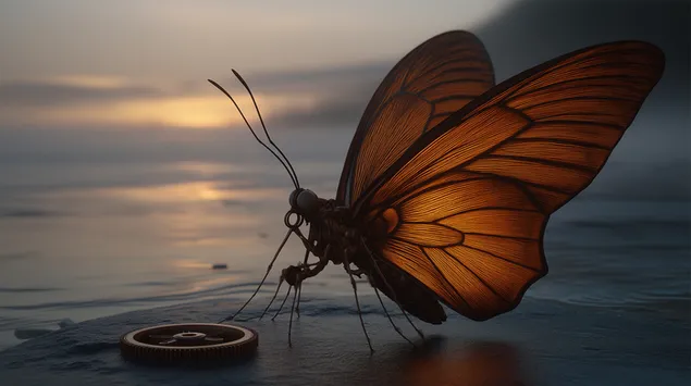 gun batiminda su kenarinda gear element ile saatli kelebek indir