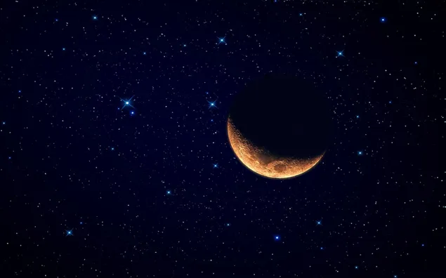 Tampilan bulan sabit dari dekat terlihat sempurna di depan bintang-bintang yang terang unduhan