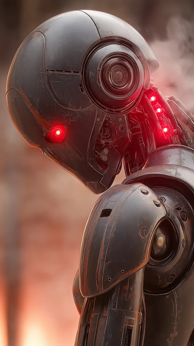 naby-opname van 'n growwe futuristiese masjien met 'n gloeiende oog aflaai