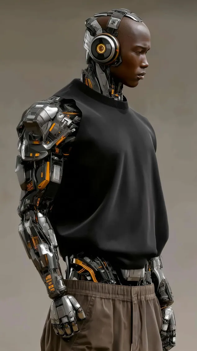 Pamje nga afër e një njeriu me përmirësime kibernetike dhe makineri të dukshme HD sfond